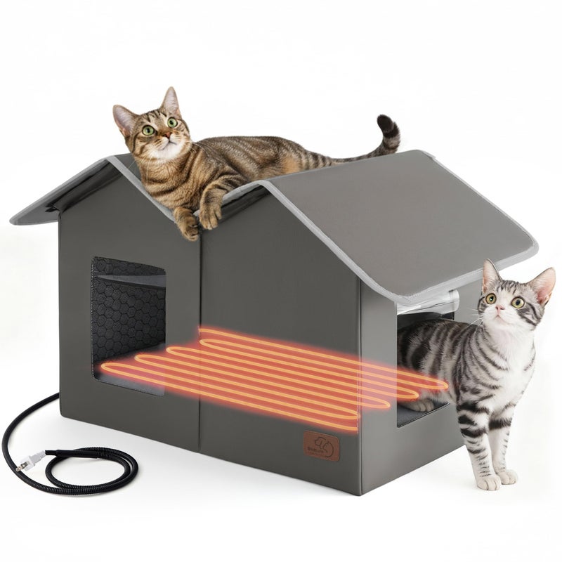 Bedsure Heated Outdoor Cat House-Extra Wide Weatherproof and Warming Feral Cat Shelter with Raised Base in Winter, Waterproof Insulated Outside Pet Hideout for Stray Kitty, 22.5x12.5x13.25inches, Grey - Image 1