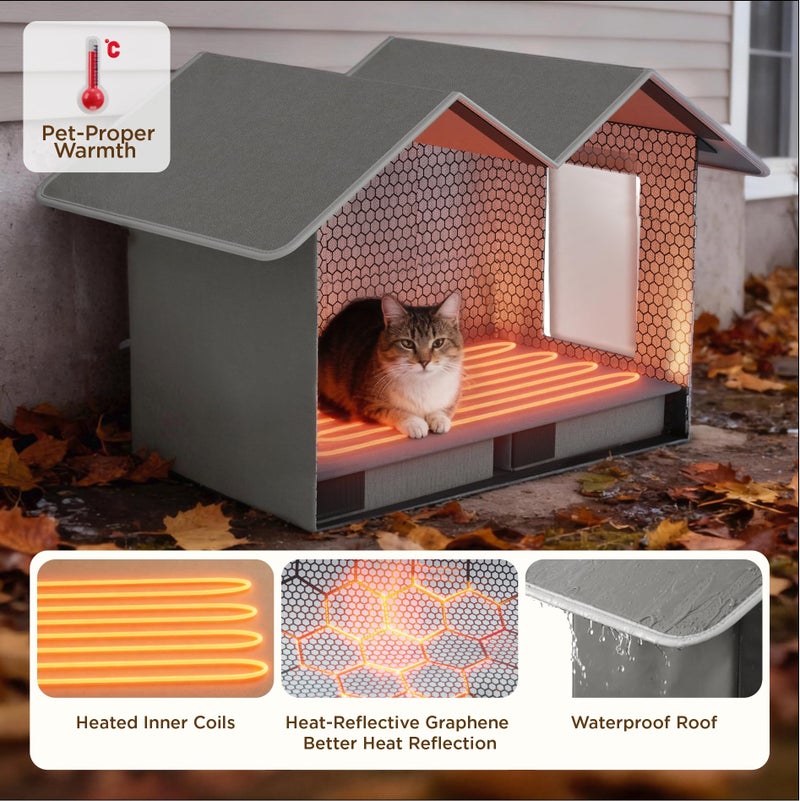 Bedsure Heated Outdoor Cat House-Extra Wide Weatherproof and Warming Feral Cat Shelter with Raised Base in Winter, Waterproof Insulated Outside Pet Hideout for Stray Kitty, 22.5x12.5x13.25inches, Grey - Image 2