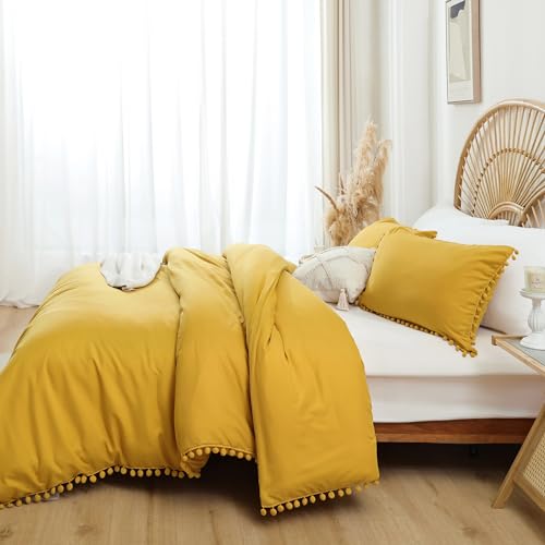 YIRDDEO Full Size Comforter Sets - Full Size Comforter with Ball Pom Fringe, Soft Bedding Set for All Seasons - 3 Pieces, 1 Comforter (79"x90") & 2 Pillow Shams(20"x26"), Mustard Yellow - Image 5