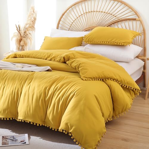 YIRDDEO Full Size Comforter Sets - Full Size Comforter with Ball Pom Fringe, Soft Bedding Set for All Seasons - 3 Pieces, 1 Comforter (79"x90") & 2 Pillow Shams(20"x26"), Mustard Yellow - Image 1
