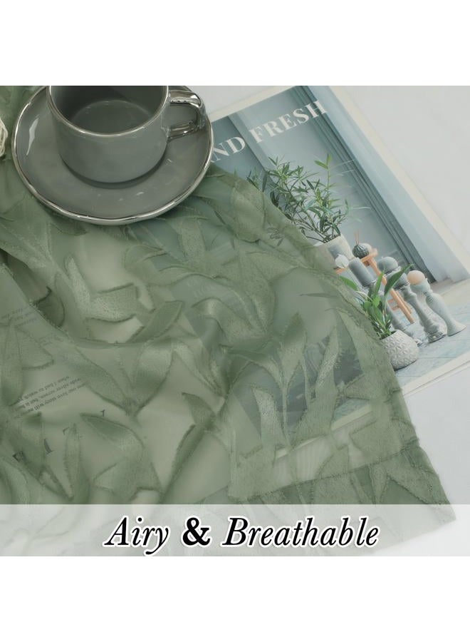 Lecloud Leia Sage Green Sheer Valances for Windows 14 Inch Length 2 Pcs, Jacquard Leaf Textured Cafe Kitchen Short Curtains with Dual Rod Pockets, Small Curtain for Living Room Bedroom, 28" W x 14" L - Image 2