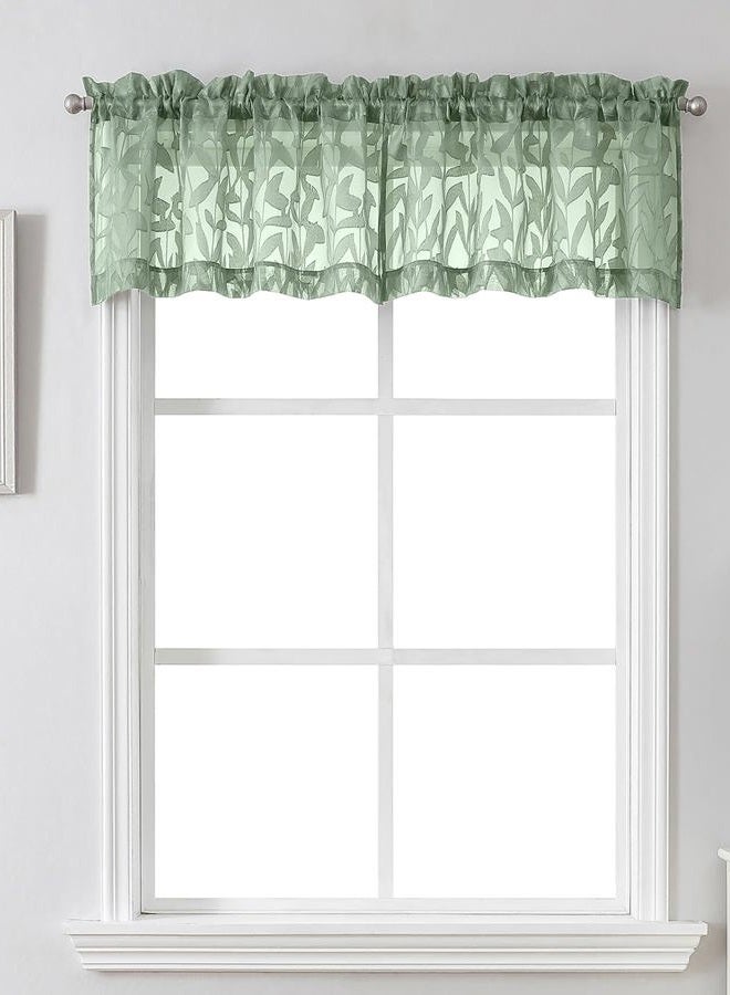 Lecloud Leia Sage Green Sheer Valances for Windows 14 Inch Length 2 Pcs, Jacquard Leaf Textured Cafe Kitchen Short Curtains with Dual Rod Pockets, Small Curtain for Living Room Bedroom, 28" W x 14" L - Image 1