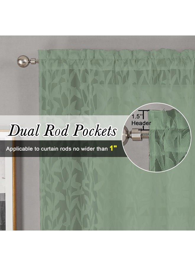 Lecloud Leia Sage Green Sheer Valances for Windows 14 Inch Length 2 Pcs, Jacquard Leaf Textured Cafe Kitchen Short Curtains with Dual Rod Pockets, Small Curtain for Living Room Bedroom, 28" W x 14" L - Image 5