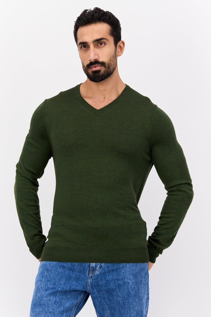 Lyle & Scott Men V-Neck Textured Print Long Sleeves Sweater, Olive - Image 1
