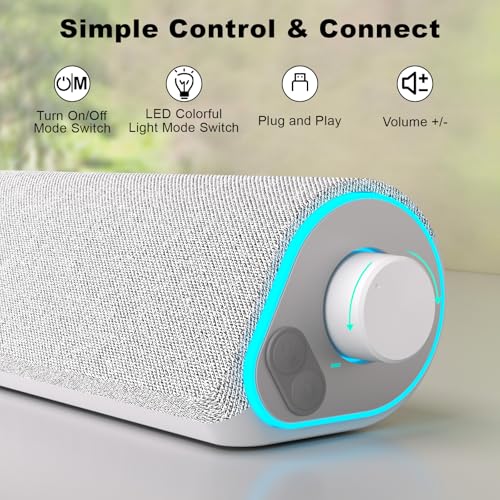 SOULION R50 Bluetooth Computer Speakers, 3.5mm PC Sound Bar for Desktop Monitor, Wired USB Powered & Colorful LED Lights with Switch Button, Surround Sound Soundbar PC Spearkers for Computer, White - Image 3