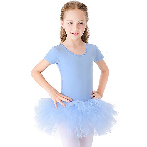 Bezioner Girls Cotton Ballet Dance Dress Cute Tutu Skirted Leotard Short Sleeve Blue Size 3-4T - Image 3