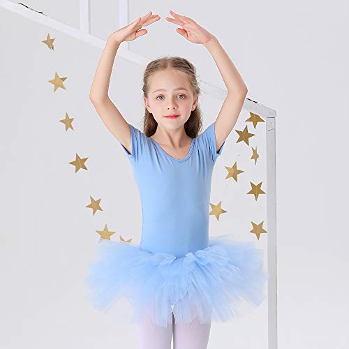 Bezioner Girls Cotton Ballet Dance Dress Cute Tutu Skirted Leotard Short Sleeve Blue Size 3-4T - Image 4