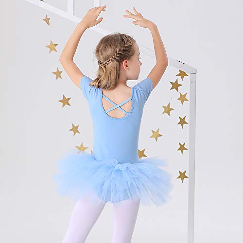 Bezioner Girls Cotton Ballet Dance Dress Cute Tutu Skirted Leotard Short Sleeve Blue Size 3-4T - Image 5