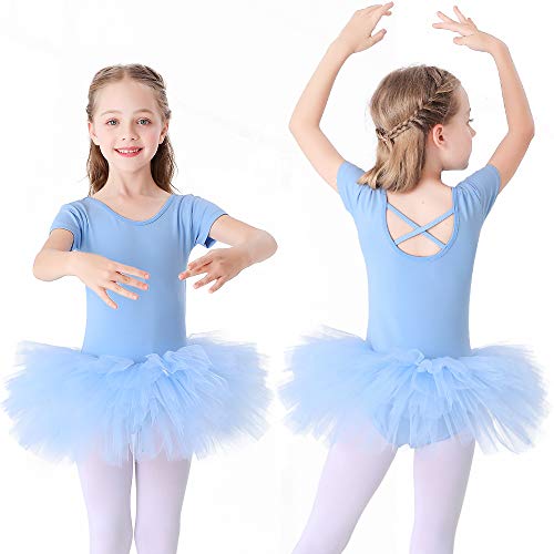 Bezioner Girls Cotton Ballet Dance Dress Cute Tutu Skirted Leotard Short Sleeve Blue Size 3-4T - Image 2