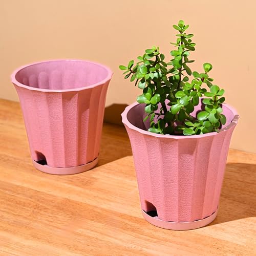 Eha Earth Friendly Ace 7 inch Small Self Watering Pots for Indoor Plants | Set of 2 | Plant Pot Made with Bamboo Fibers | Table Top Planters for Home Decor, Flower Pot for Living Room | Innocent - Image 1