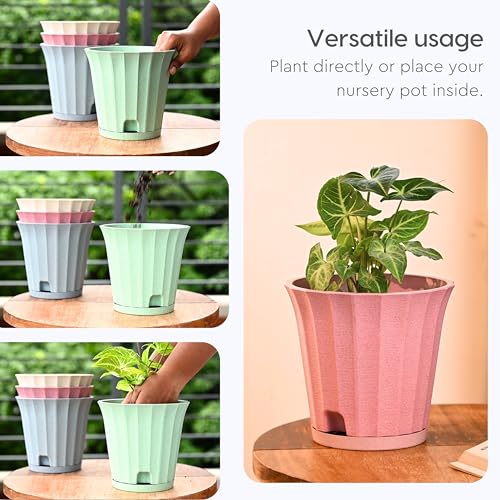 Eha Earth Friendly Ace 7 inch Small Self Watering Pots for Indoor Plants | Set of 2 | Plant Pot Made with Bamboo Fibers | Table Top Planters for Home Decor, Flower Pot for Living Room | Innocent - Image 4