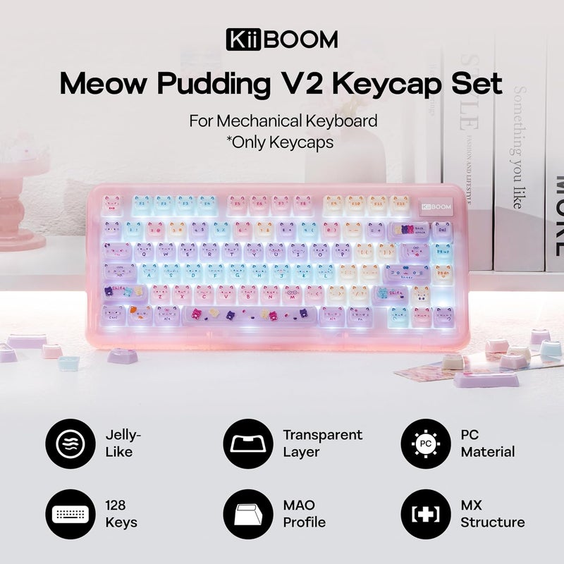 KiiBoom Cute Cat Keycaps Set, Mao Profile, PC Keycap for MX Switches Mechanical Keyboard, Compatible with 60%, 65%, 75%, TKL, 96%, Full-Sized Layout (Meow Pudding V2) - Image 2