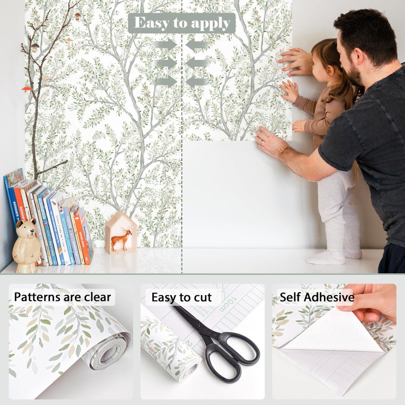 MelunMer Leaf Contact Paper Peel and Stick Wallpaper Green Boho Tree 78.7inL 17.3inW Self-Adhesive Removable Modern Contact Paper for Cabinets and Drawers Bedroom Wallpaper for Bathroom Waterproof - Image 3
