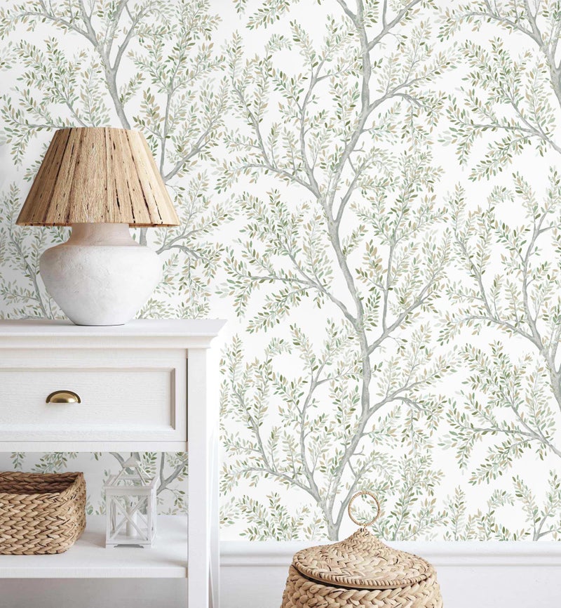 MelunMer Leaf Contact Paper Peel and Stick Wallpaper Green Boho Tree 78.7inL 17.3inW Self-Adhesive Removable Modern Contact Paper for Cabinets and Drawers Bedroom Wallpaper for Bathroom Waterproof - Image 1