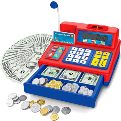 BAODLON Calculator Cash Register 103 Pcs Toy Cash Register Microphone Credit Card and Banking for Kids Early Math Skills Toys Gifts for 3 4 5 6 7 8 Years Old Boys Girls - Image 1