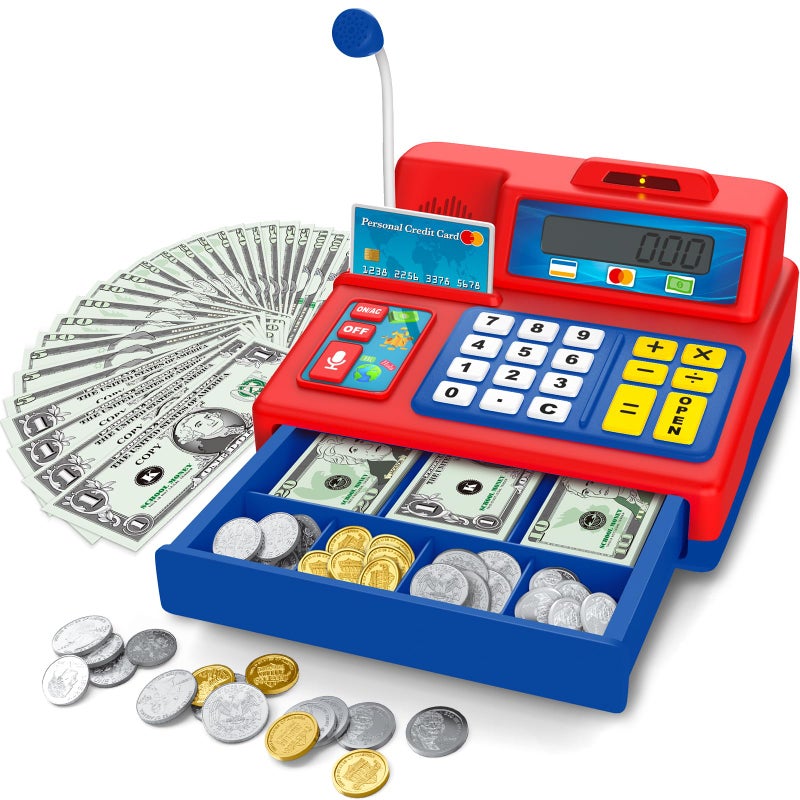 BAODLON Calculator Cash Register 103 Pcs Toy Cash Register Microphone Credit Card and Banking for Kids Early Math Skills Toys Gifts for 3 4 5 6 7 8 Years Old Boys Girls - Image 2
