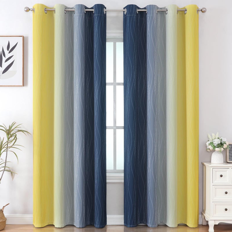 Estelar Textiler Navy Blue and Yellow Gradient Blackout Curtains for Bedroom, Thermal Insulated Ombre Blackout Drapes, Full Room Darkening Energy Saving Curtains for Living Room,52Wx84L,2 Panels - Image 2