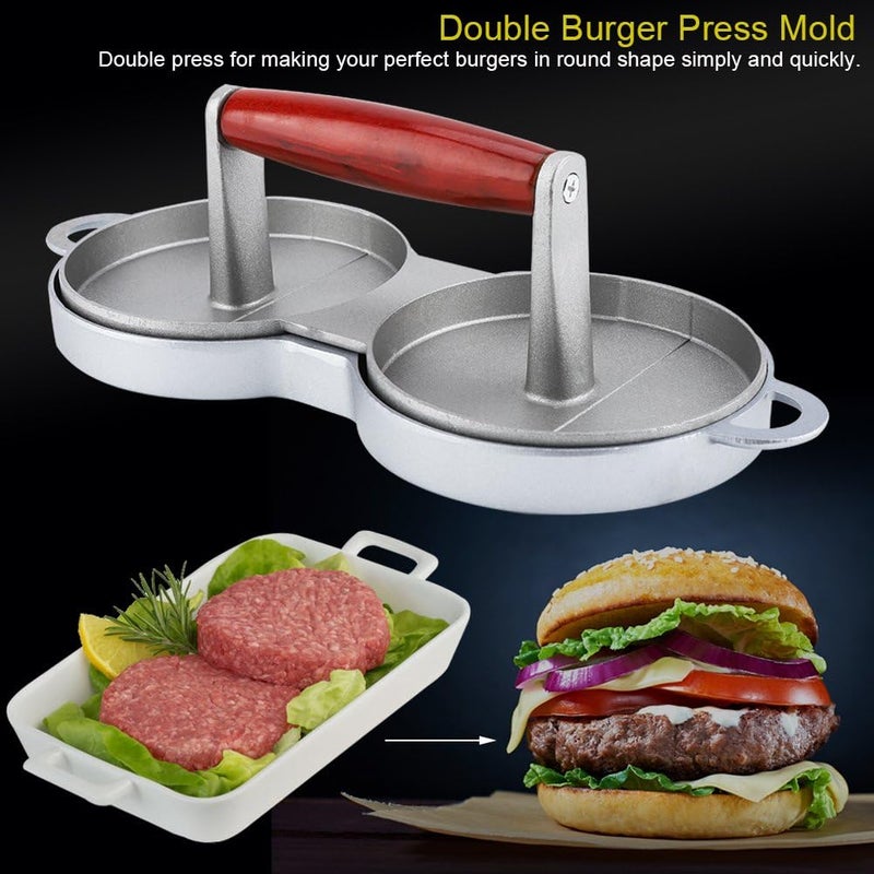 VBESTLIFE Hamburger Press Patty Maker, 2 Grids Round Shaped Burger Meat Making Tool Burger Maker with Wood Handle for Beef Veggie Burger BBQ - Image 2