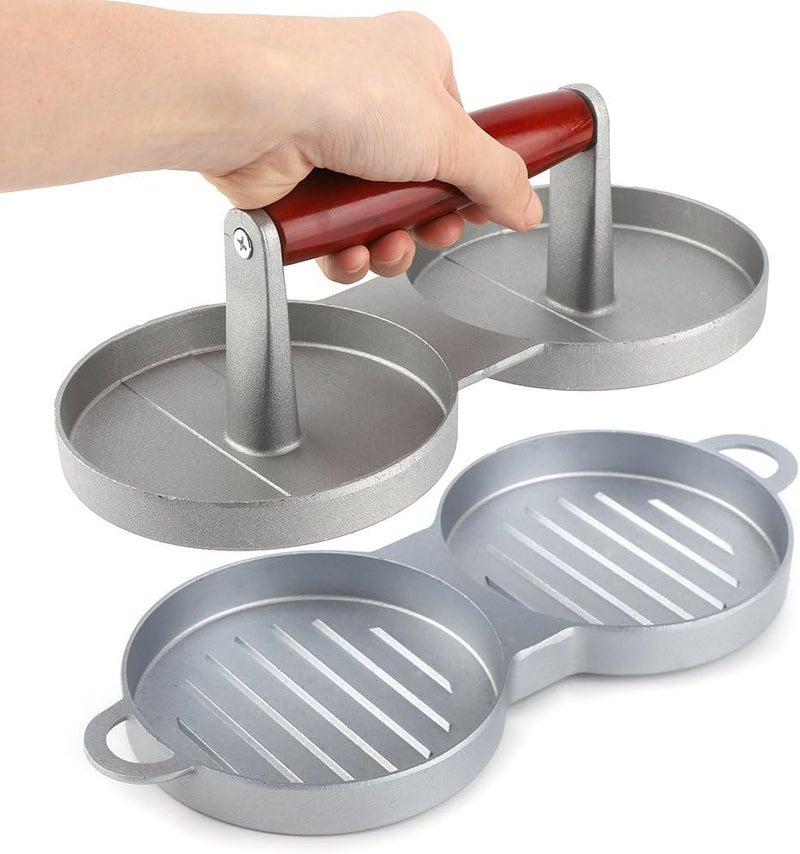 VBESTLIFE Hamburger Press Patty Maker, 2 Grids Round Shaped Burger Meat Making Tool Burger Maker with Wood Handle for Beef Veggie Burger BBQ - Image 1