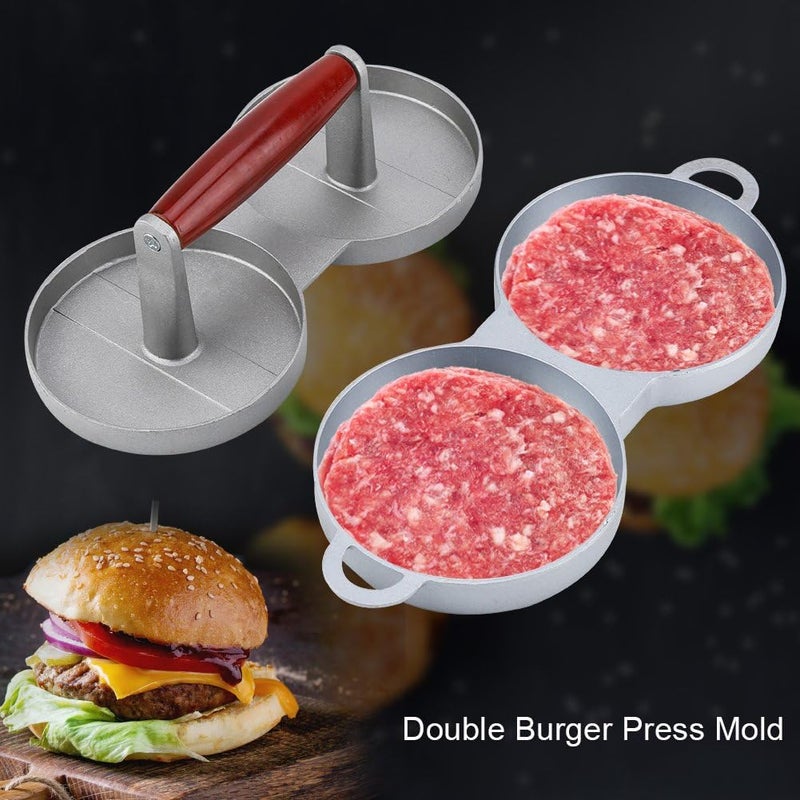 VBESTLIFE Hamburger Press Patty Maker, 2 Grids Round Shaped Burger Meat Making Tool Burger Maker with Wood Handle for Beef Veggie Burger BBQ - Image 4
