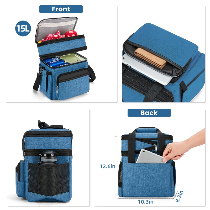 holuxer Insulated Lunch Bag & Lunch Box for Men - Double Deck Reusable Lunch Bag for Women Tote Cooler Bag Leakproof Soft Expandable - Large Lunchbox for Work/Adult/Picnic/Outdoor (Blueï¼Œ15L) - Image 2