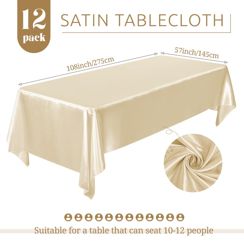 REWOMC 12 Pack Champagne Satin Tablecloth, 57 x 108 Inch Silky Satin Table Cloth, Rectangle Bright Silk Tablecloth Smooth Fabric Table Covers Overlay Silky Table Decoration for Wedding Party Banquet Birthday - Image 2