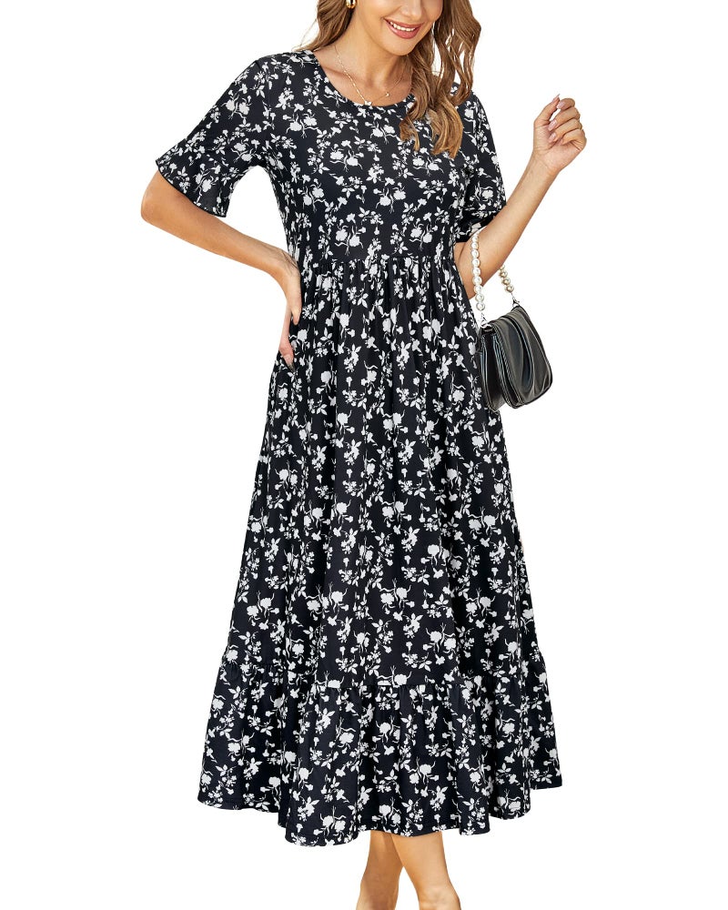 STYLEWORD Women's Summer 2025 Casual Short Sleeve Tiered Flowy Spring Dress Long Midi Beach Sundress Vacation Outfits(Floral12,3XL) - Image 2