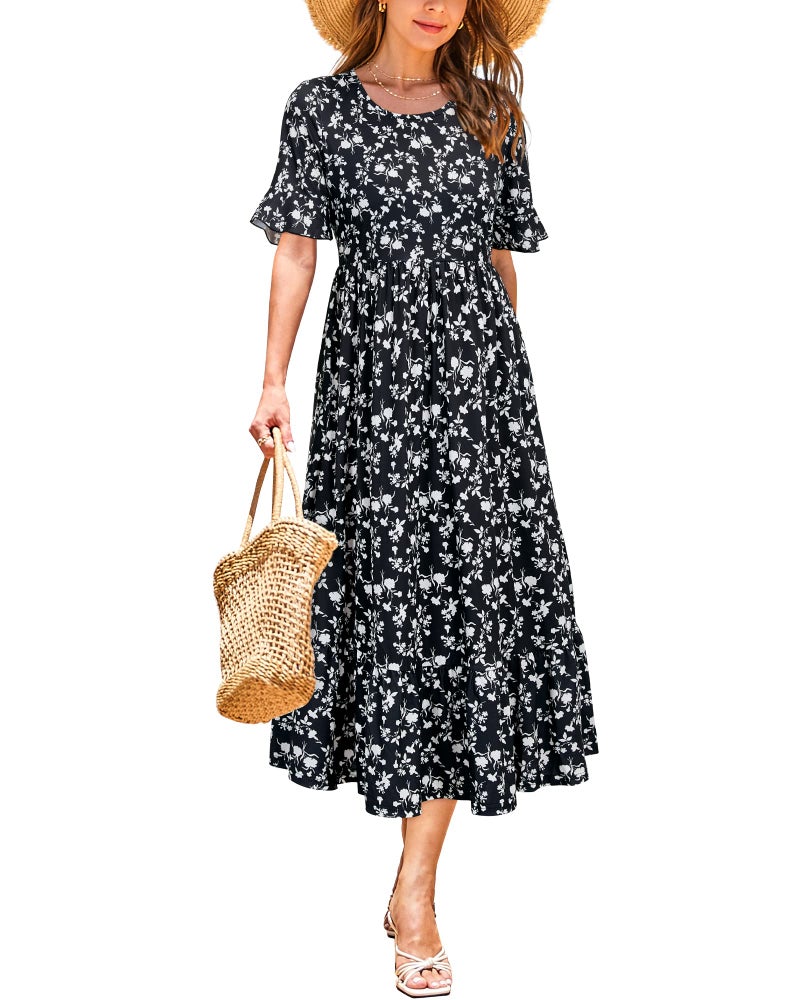 STYLEWORD Women's Summer 2025 Casual Short Sleeve Tiered Flowy Spring Dress Long Midi Beach Sundress Vacation Outfits(Floral12,3XL) - Image 1