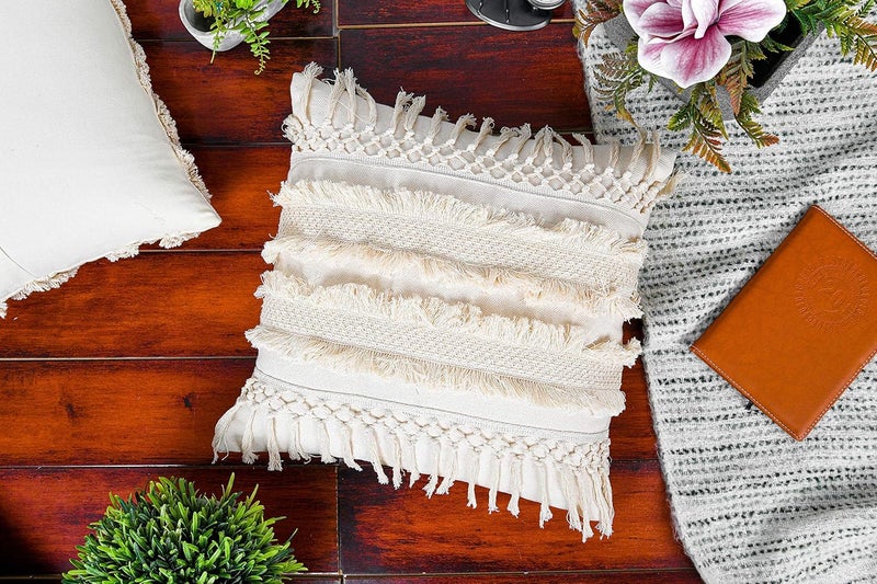 IMPEXART PVT LTD 16X16 Inches Cotton Ivory Strip Boho Shaggy Pattern Square Cushion Cover with Lace for for Dcor Sofa Couch Living Room Bedroom Farm House Indoor Outdoor