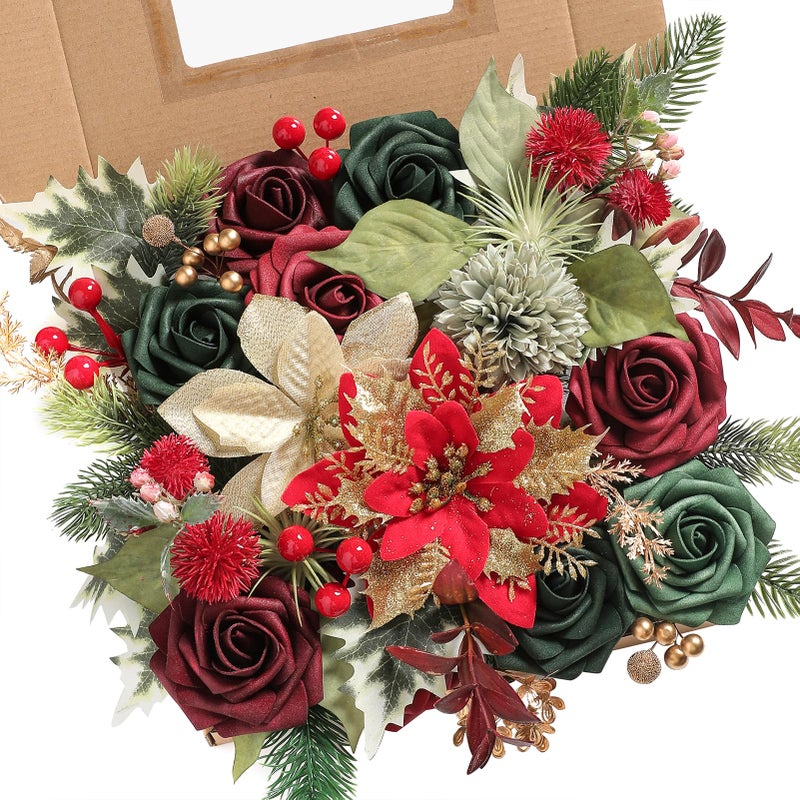 Serra Flora Artificial Christmas Flowers Greenery Combo Box Set Faux Flowers Bulk Flower Leaf with Stems for DIY Tree Ornaments Xmas Wreath Floral Arrangements Centerpieces