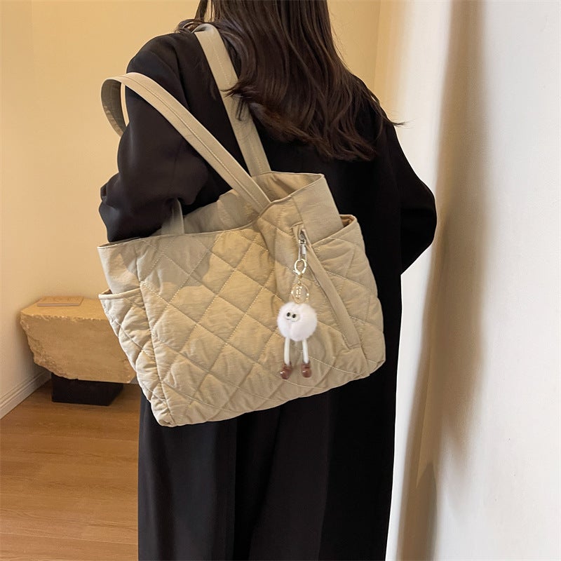 Korean Style Large Capacity Bag For Women 2023 Fashion Single Shoulder Bucket Bag Textured Plaid Commuter Tote Bag - Image 3