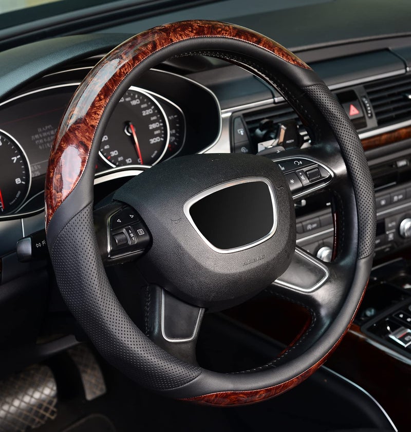 ZHOL Wood Grain Steering Wheel Cover, Universal 15 inch Microfiber Leather Anti-Slip Steering Wheel Protector, Odorless