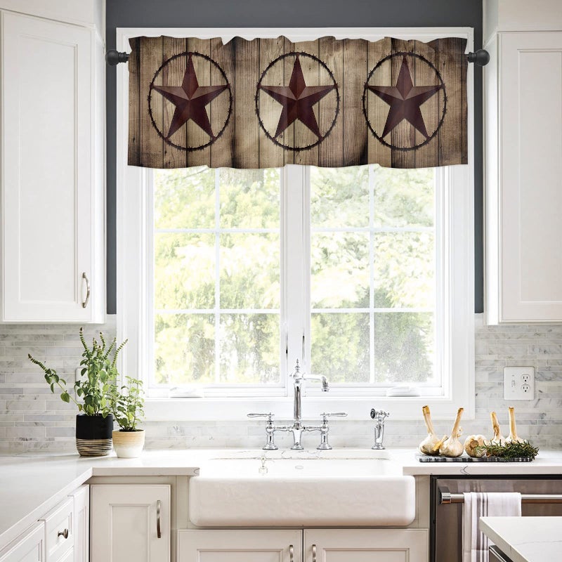 Homechoid Western Kitchen Curtains and Country Valance Set  Texas Star Retro Rustic Wooden Boards Small Short Half Farmhouse Tier Curtains 24 Inch Length Kitchen Decor for Cafe Bathroom Nursery Bedroom - Image 3