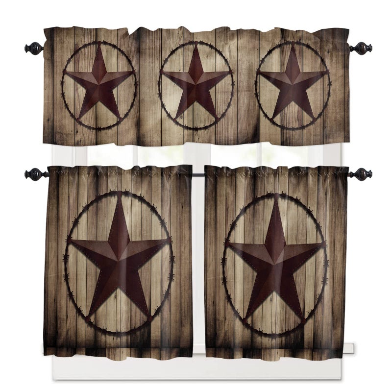 Homechoid Western Kitchen Curtains and Country Valance Set  Texas Star Retro Rustic Wooden Boards Small Short Half Farmhouse Tier Curtains 24 Inch Length Kitchen Decor for Cafe Bathroom Nursery Bedroom - Image 1