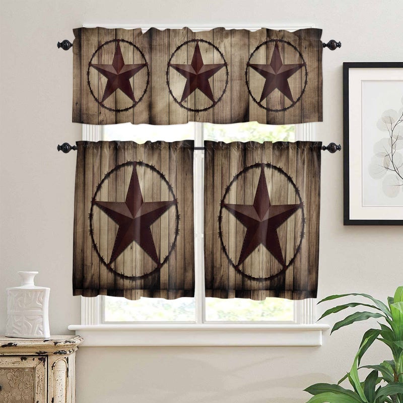 Homechoid Western Kitchen Curtains and Country Valance Set  Texas Star Retro Rustic Wooden Boards Small Short Half Farmhouse Tier Curtains 24 Inch Length Kitchen Decor for Cafe Bathroom Nursery Bedroom - Image 2