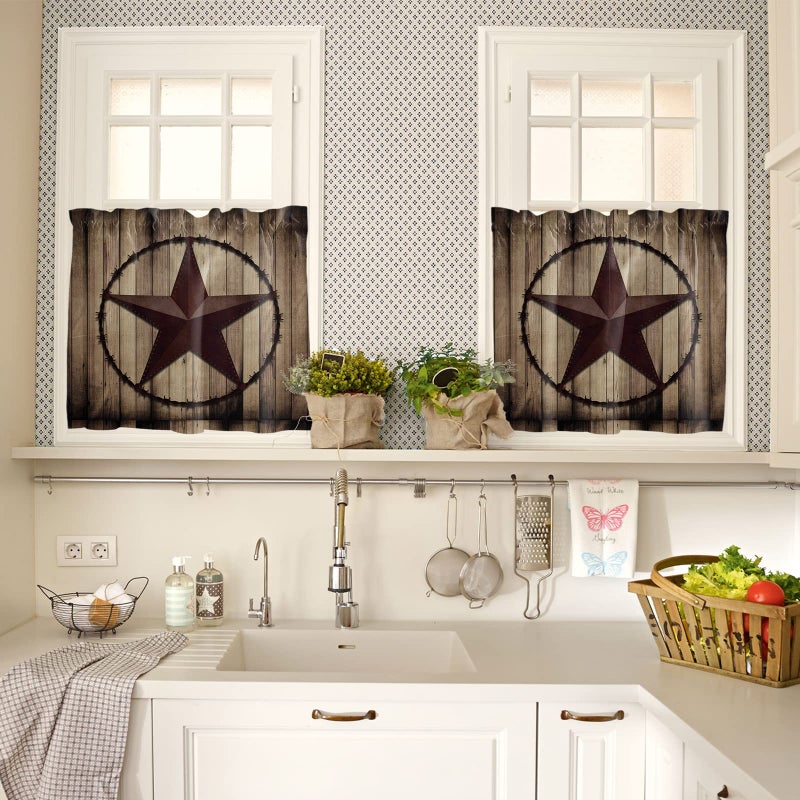 Homechoid Western Kitchen Curtains and Country Valance Set  Texas Star Retro Rustic Wooden Boards Small Short Half Farmhouse Tier Curtains 24 Inch Length Kitchen Decor for Cafe Bathroom Nursery Bedroom - Image 4