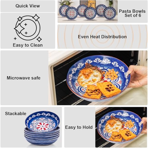 Yeacccng Bohemian Pasta Bowls Set of 6, 8.5 Inch 35 Oz Ceramic Serving Bowls, Blue Color Block Design, Lead-Free Cadmium-Free, Dishwasher Microwave Oven Safe, Scratch-Resistant Salad Soup Bowls - Image 4