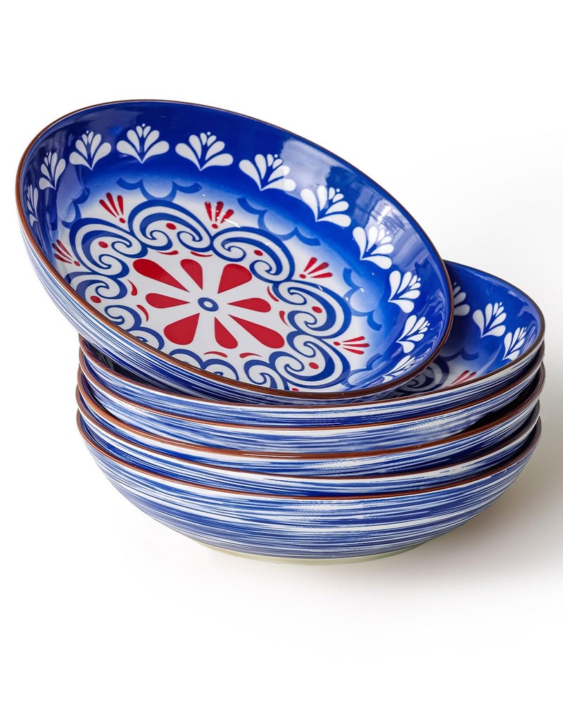 Yeacccng Bohemian Pasta Bowls Set of 6, 8.5 Inch 35 Oz Ceramic Serving Bowls, Blue Color Block Design, Lead-Free Cadmium-Free, Dishwasher Microwave Oven Safe, Scratch-Resistant Salad Soup Bowls - Image 1
