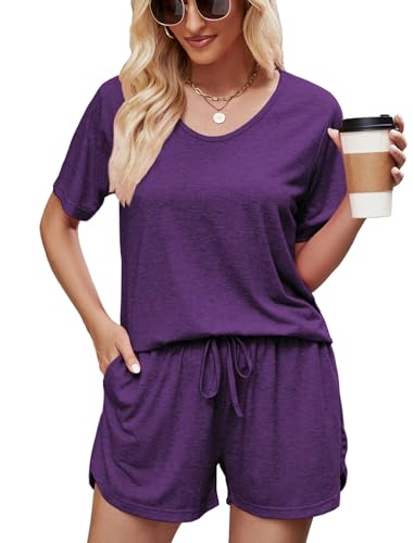MOYEE Womens Pajama Sets Soft Short Sleeve Shirt and Shorts 2 Pieces Lounge Outfit Sets with Pockets Purple - Image 5