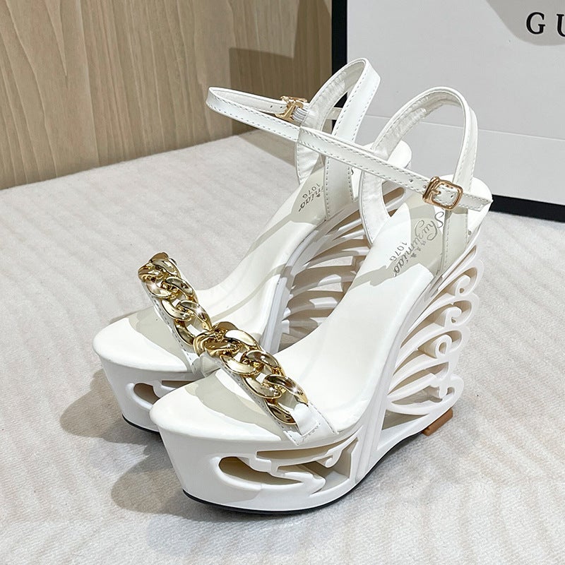 1076-15 15Cm Special-Shaped Metal Buckle High Heels Thick Heel Super High Heel Waterproof Platform Hate Sky High Sandals - Image 2