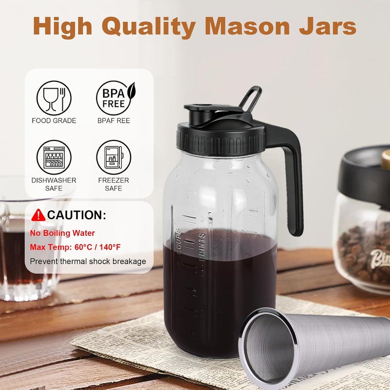 QHH Cold Brew Coffee Maker, Wide Mouth Mason Jug with Stainless Steel Filter, Spout Lid, Heavy Duty Glass, Airtight and Leakproof for Ice Brew, Coffee and Tea, Lemonade - Image 2