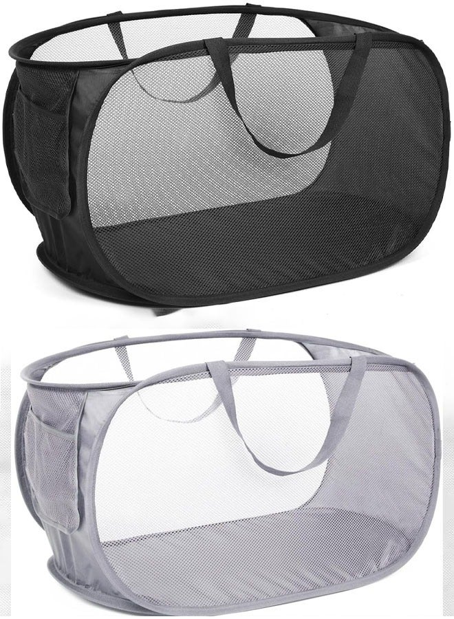 YelaJoy Popup Mesh Laundry Basket, Collapsible and Portable Clothes Washing Laundry  with Reinforced Carry Handle  for Laundry, Bathroom, Kids Room, Dorm or Travel  (2 pcs, Black and Grey) - Image 1