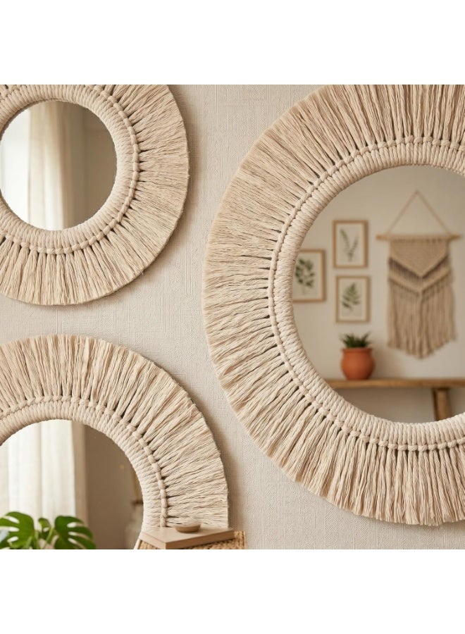 مرايا حائط دائرية باطار بشراشيب طبيعية، مجموعة من 3 مرايا بوهيمية للديكور، اوف وايت - Image 5