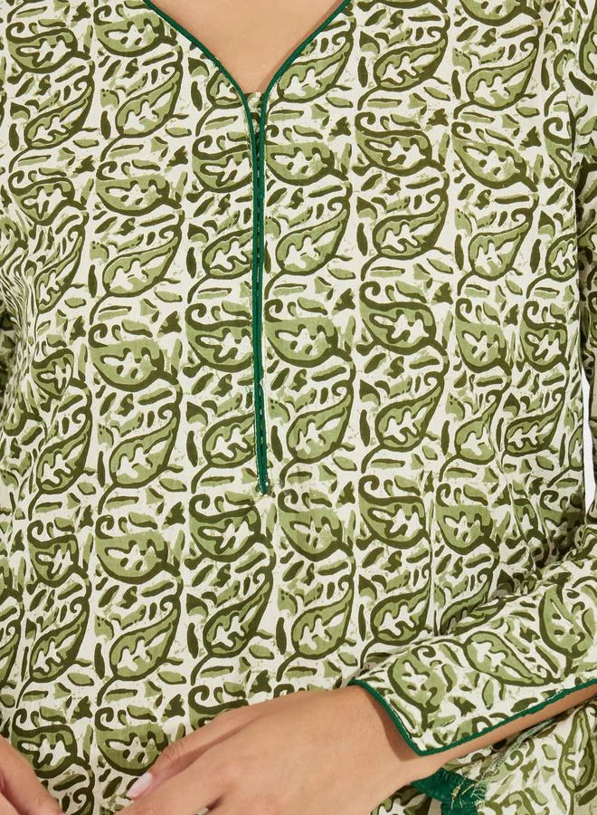 Styli All Over Print Cotton Jalabiya with Contrast Piping