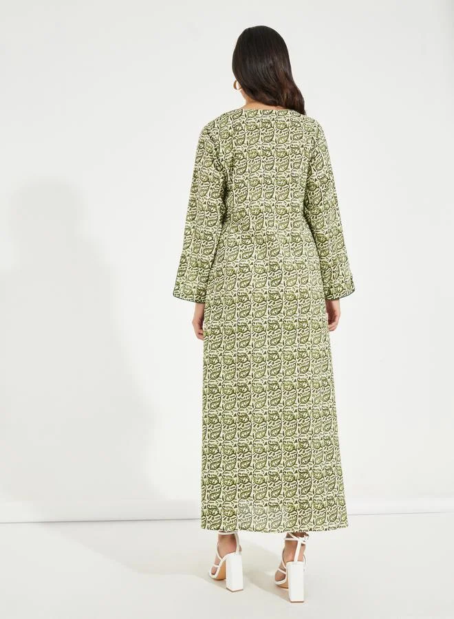 Styli All Over Print Cotton Jalabiya with Contrast Piping