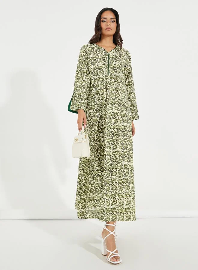 Styli All Over Print Cotton Jalabiya with Contrast Piping