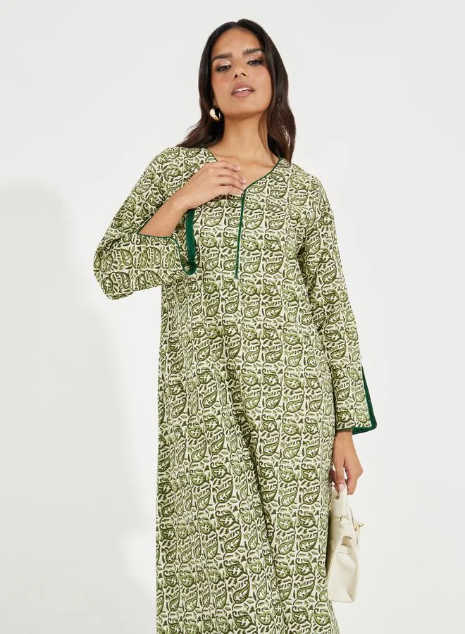 Styli All Over Print Cotton Jalabiya with Contrast Piping