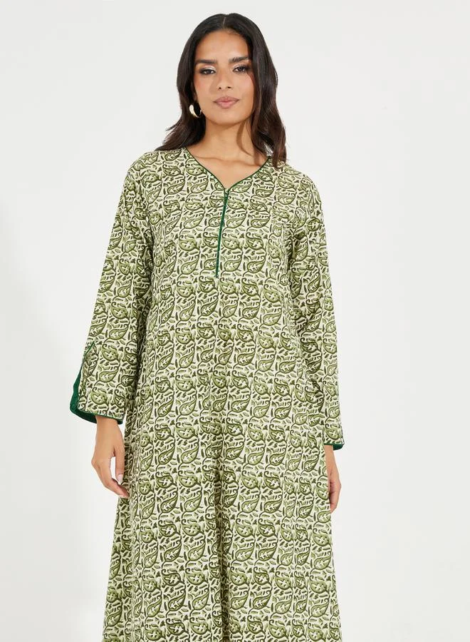 Styli All Over Print Cotton Jalabiya with Contrast Piping