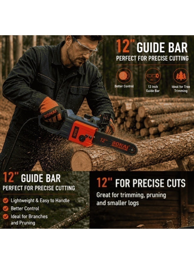 BONAI Electric Chain Saw 1500-2500W 16 Inch & 12 Inch 2-in-1 Corded Wood Cutting Machine with Chain Tension Adjustment 500m/min 220-240V for Tree Trimming & Firewood Cutting BN-HK129 - Image 5