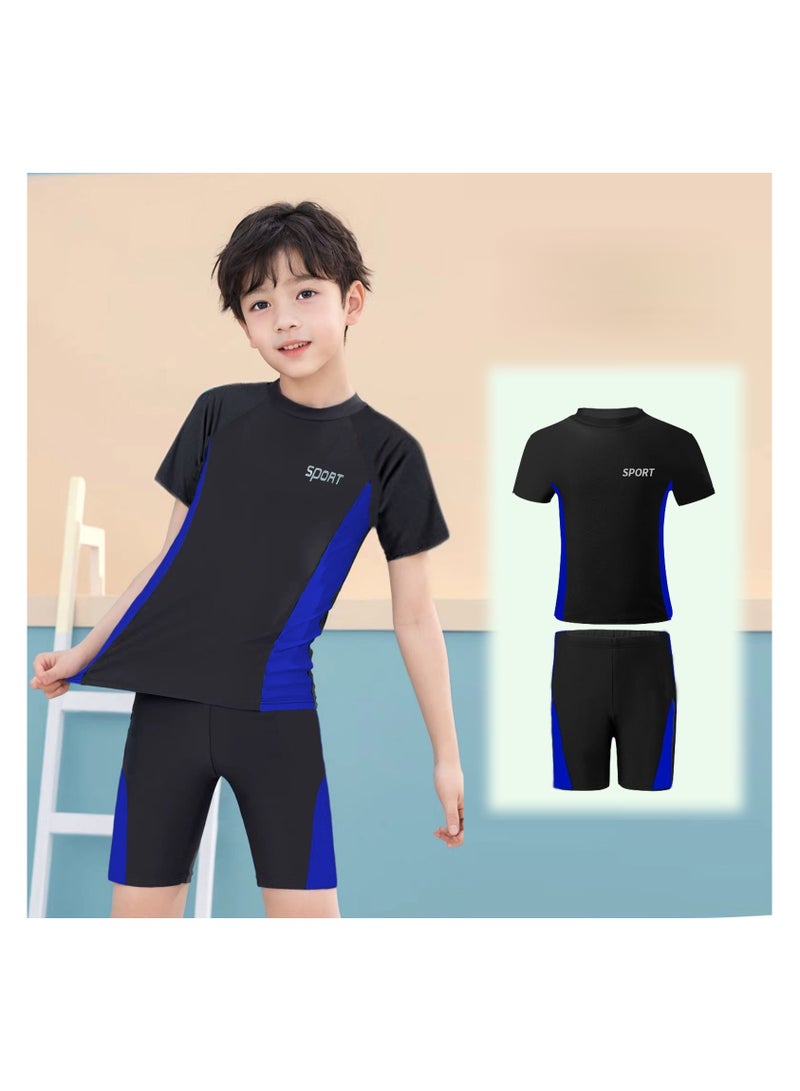 Generic 2 Piece Boys Swimsuit Swimming Trunks Set Kids Training Quick Dry Sun Protection Swimwear Children Short Sleeves Clothing Beachwear Split Bathing Suit for Summer Moisture-Wicking Breathable Black - Image 1